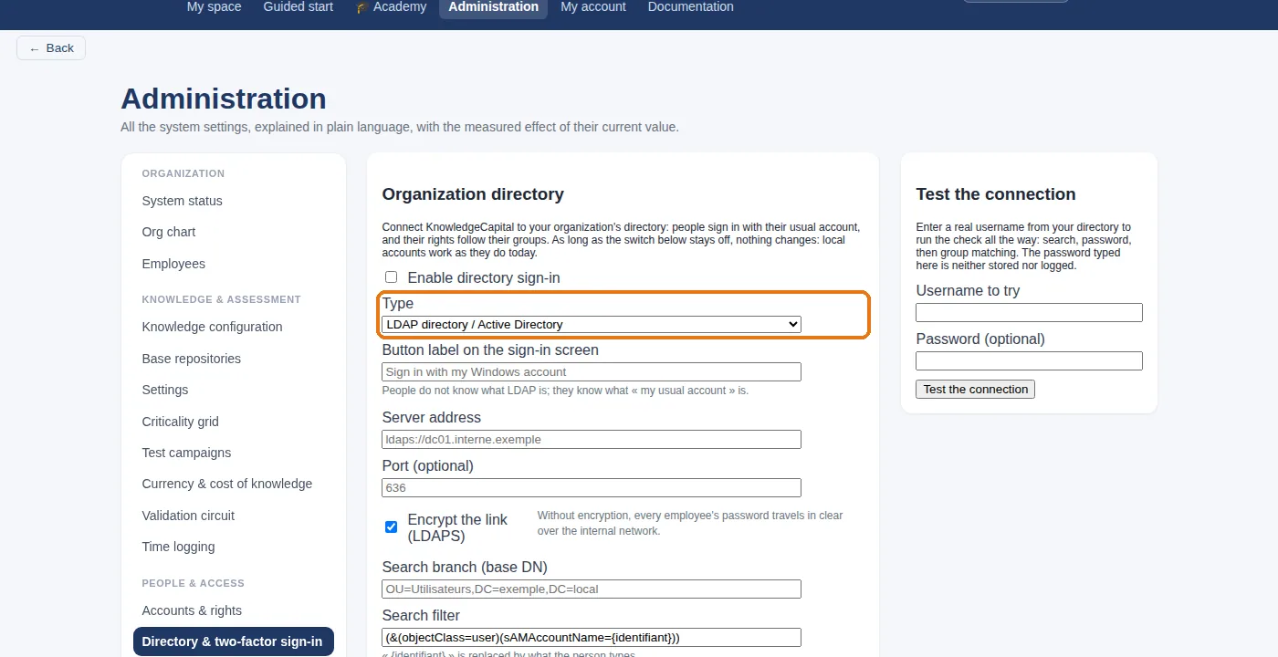 The Type selector: it switches the screen between an LDAP directory and an OpenID Connect provider. The fields change entirely.