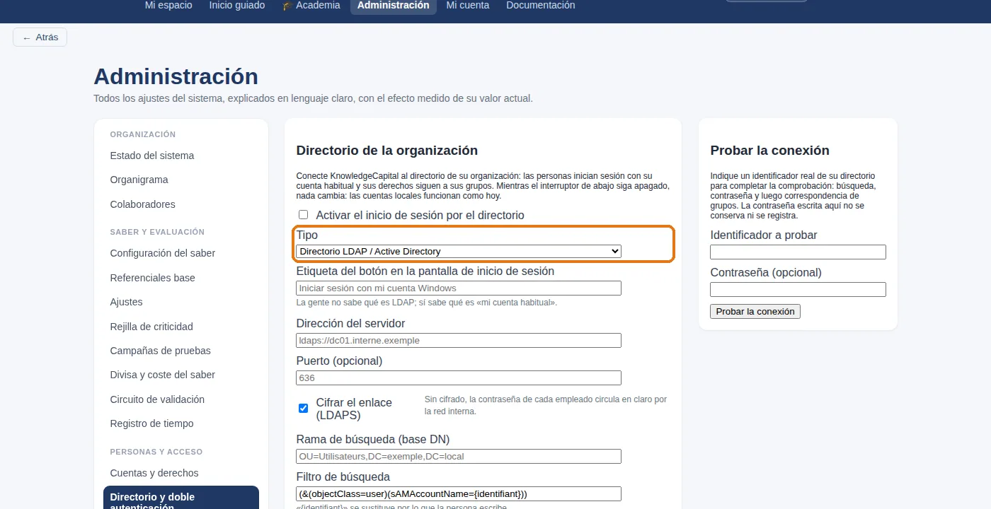 El selector Tipo: es el que cambia la pantalla entre un directorio LDAP y un proveedor OpenID Connect. Los campos cambian por completo.
