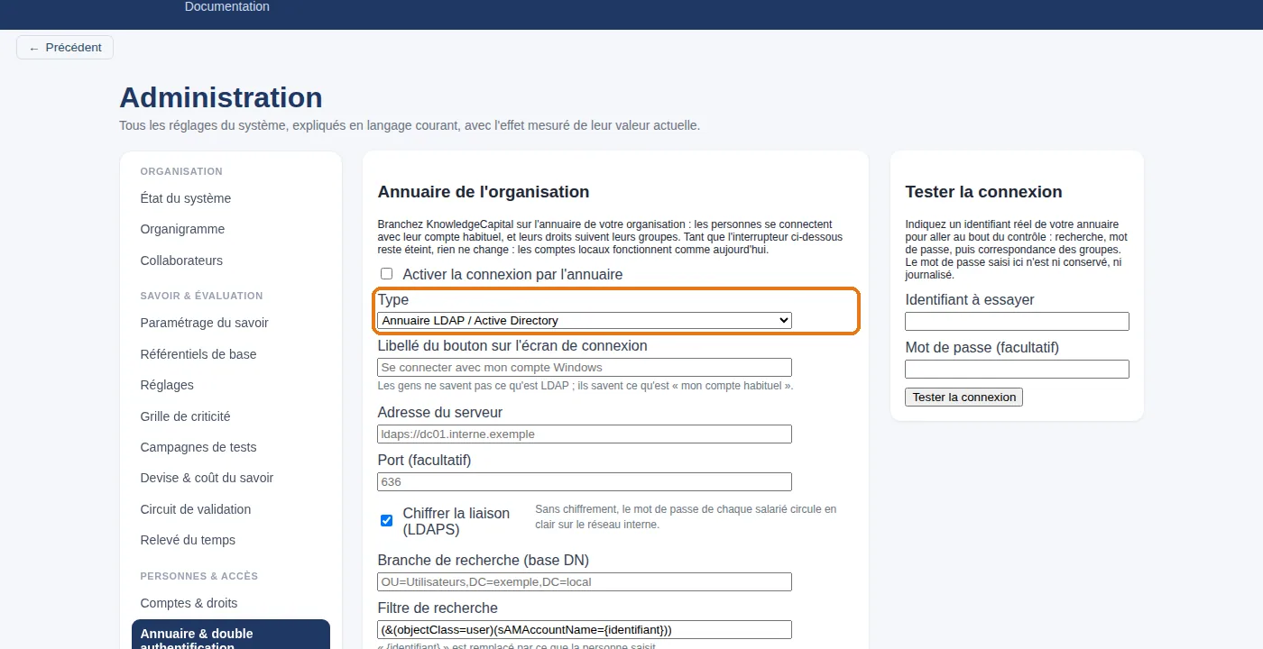 Le sélecteur Type : c'est lui qui fait basculer l'écran entre un annuaire LDAP et un fournisseur OpenID Connect. Les champs changent entièrement.