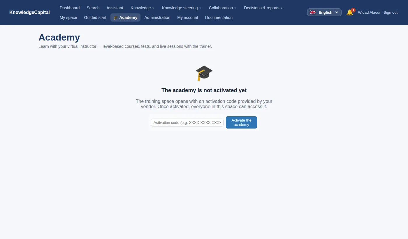 The Academy: five levels, a virtual instructor, tests and earned certificates.