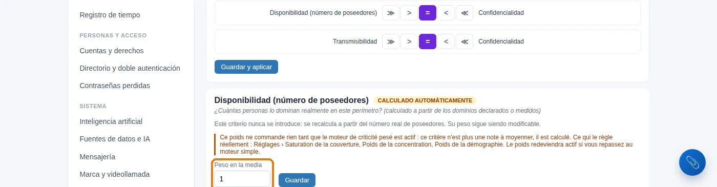 Peso en la media: cada uno de los seis criterios lleva el suyo. El criterio «Disponibilidad» nunca se introduce — se recalcula.