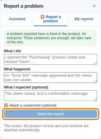 The 📎 button opened on the “Report a problem” tab: three fields, an optional screenshot, and the number given right away.
