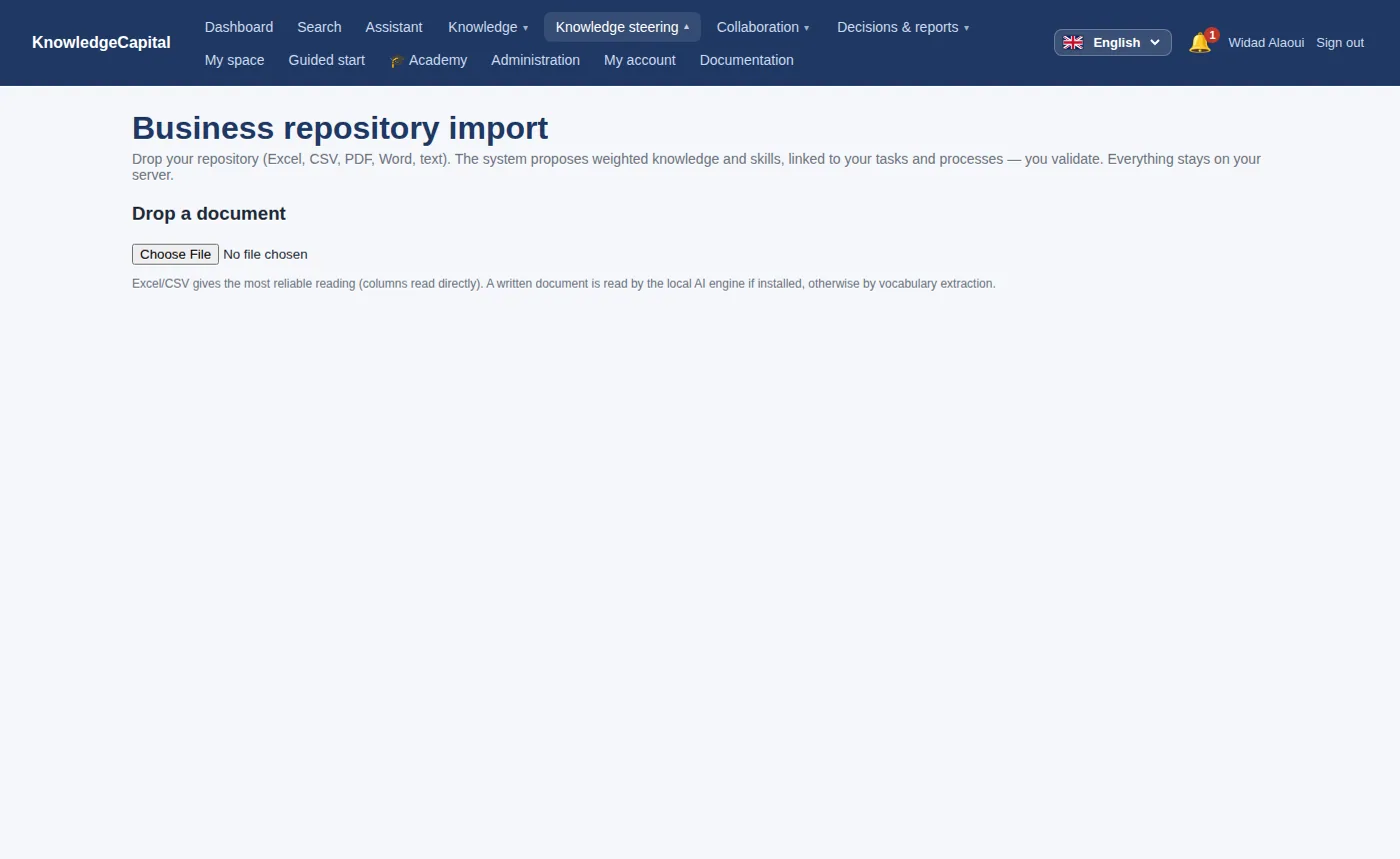 Bringing your data in: drop a spreadsheet or a document, the system proposes, you validate. Nothing leaves your server.