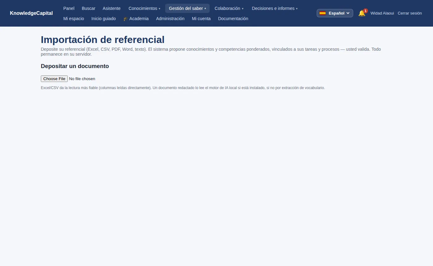 Introducir sus datos: deposite una hoja de cálculo o un documento, el sistema propone y usted valida. Nada sale de su servidor.
