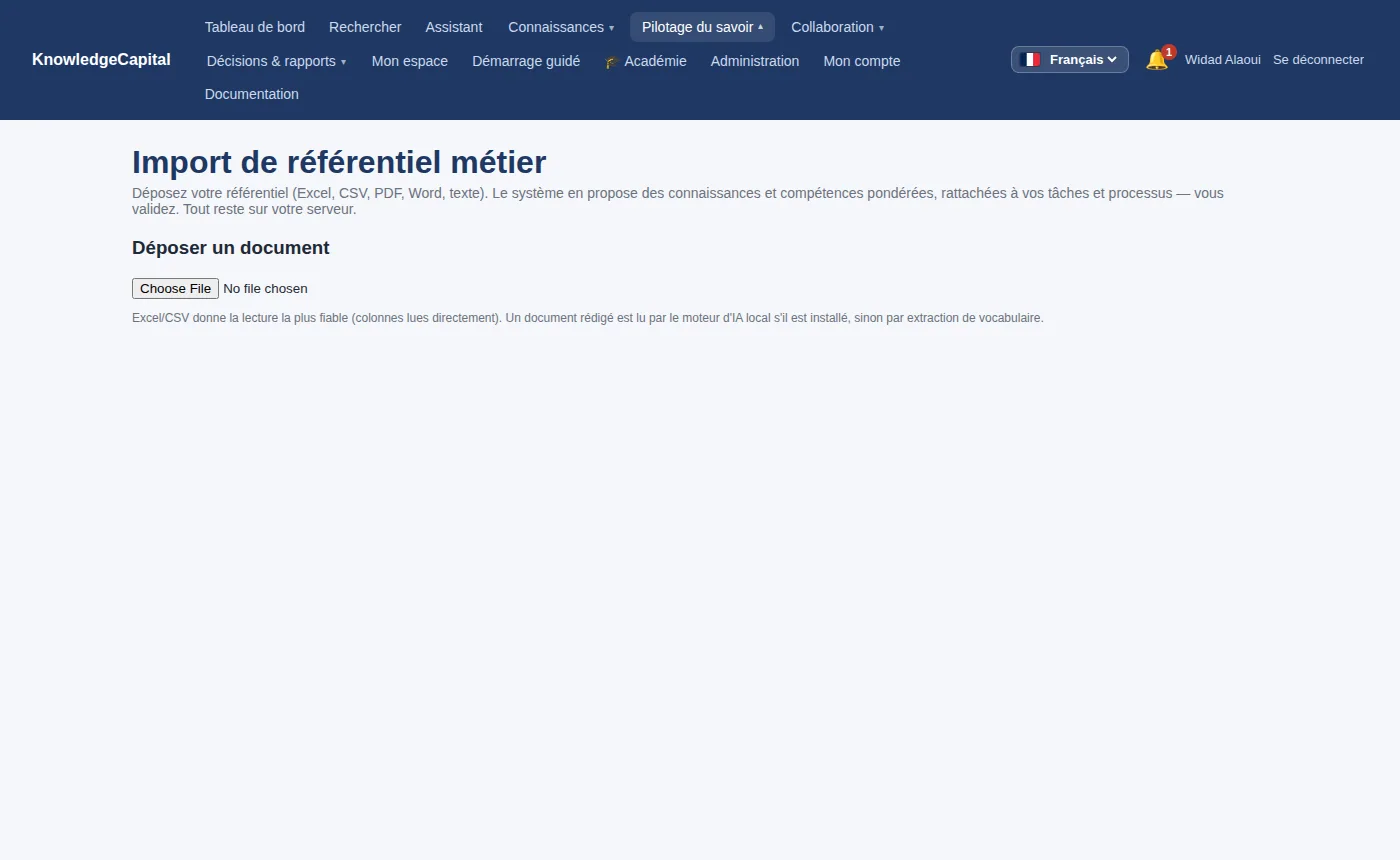 Faire entrer vos données : déposez un tableur ou un document, le système propose, vous validez. Rien ne quitte votre serveur.