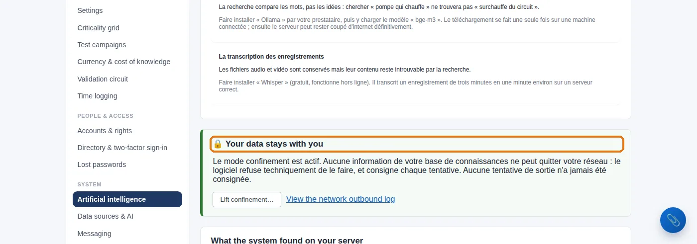 The proof of containment: while this block is green, no information from your base can leave your network — and the link lets you check it yourself, attempt by attempt.