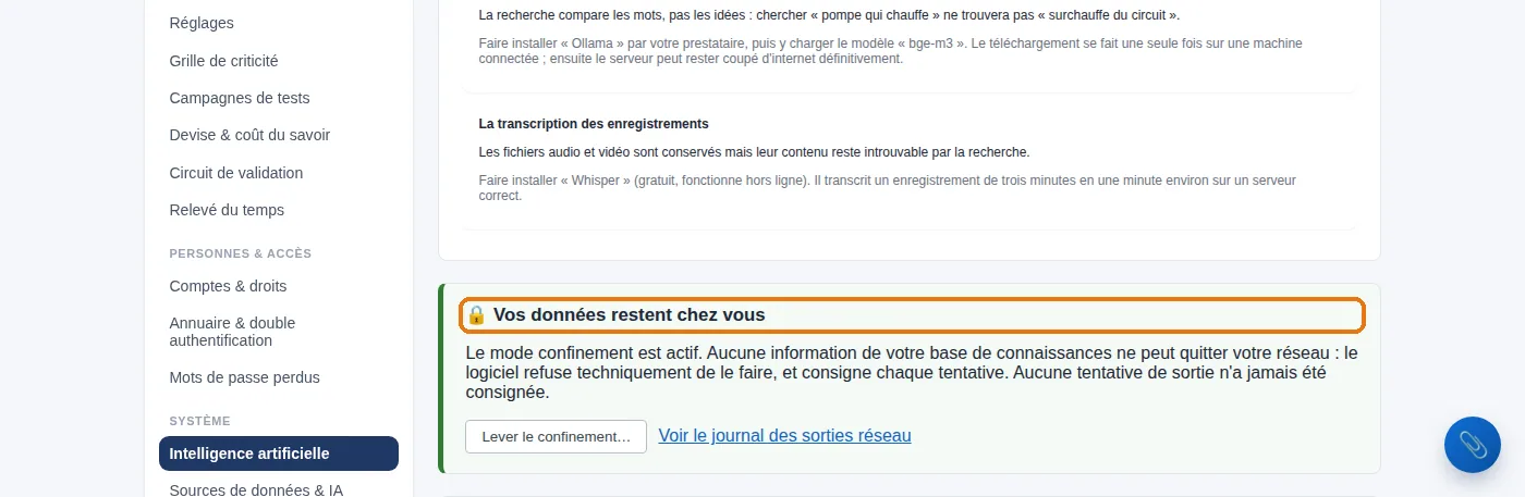 La preuve du confinement : tant que ce bloc est vert, aucune information de votre base ne peut quitter votre réseau — et le lien permet de le vérifier soi-même, tentative par tentative.
