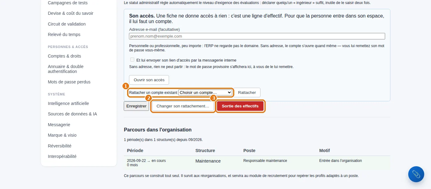La fiche d'une personne : rattacher un compte existant, changer son rattachement, sortie des effectifs.