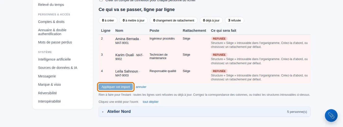 L'aperçu d'import : ce qui sera créé ou modifié, ligne par ligne, avant « Appliquer cet import ».