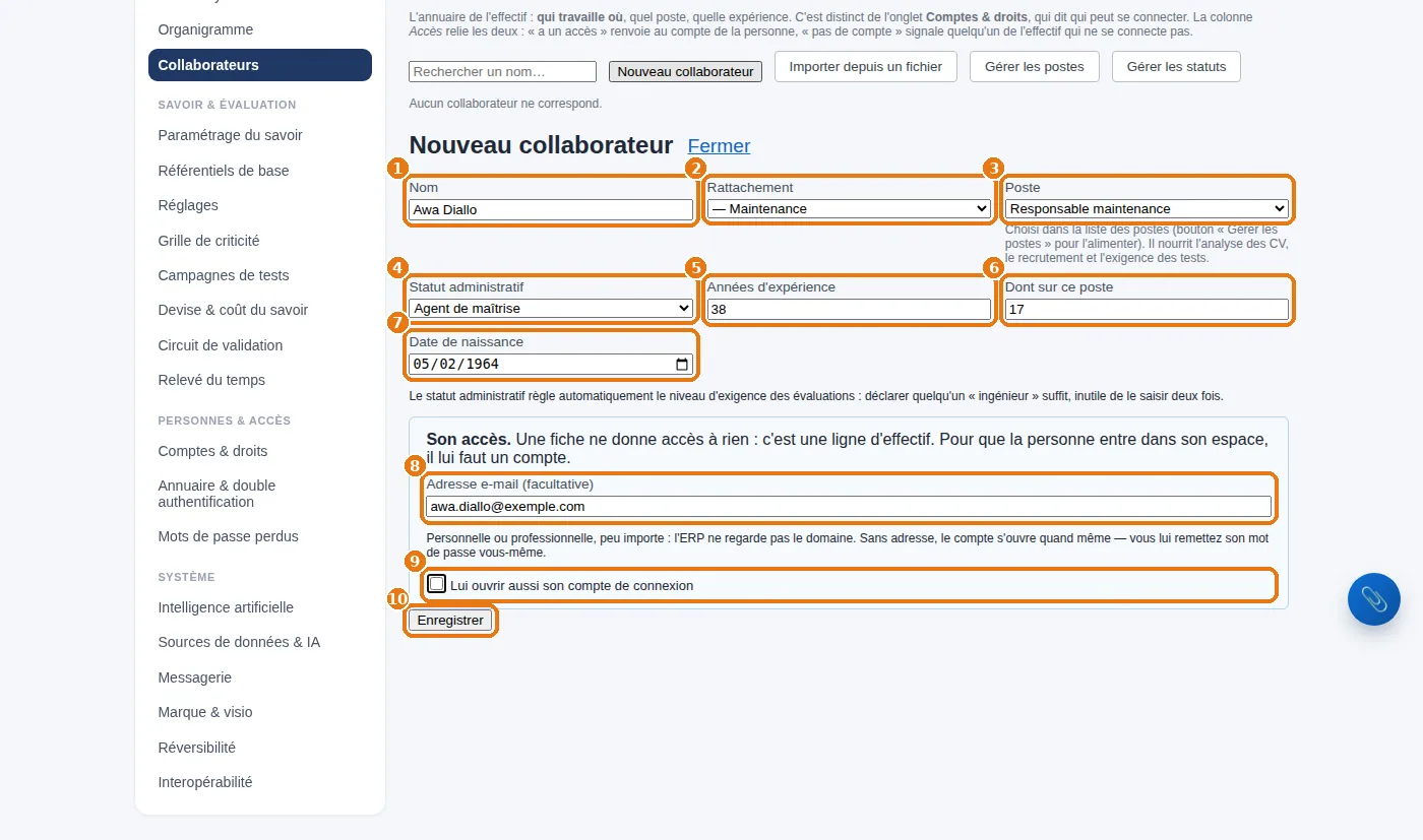 La fiche « Nouveau collaborateur », ses dix repères, du nom jusqu'à « Enregistrer ».
