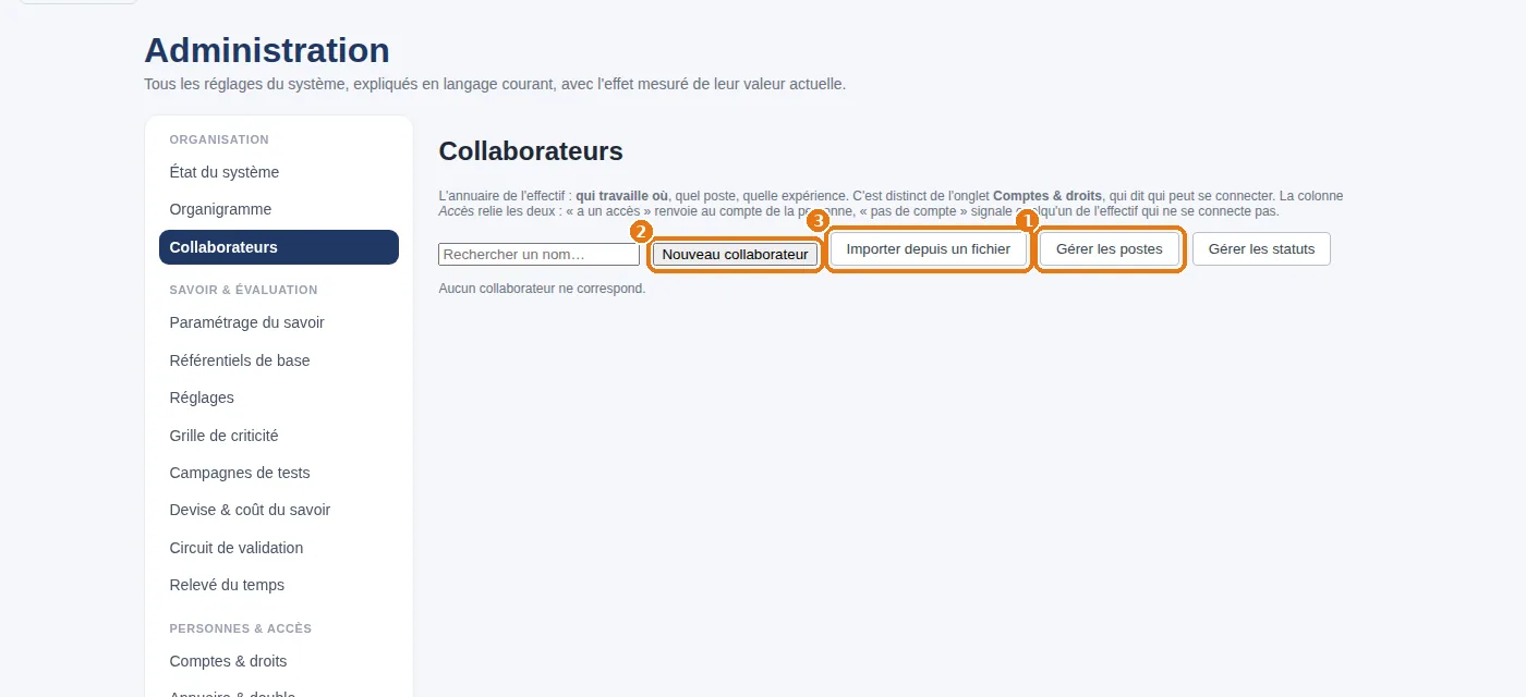 La liste des collaborateurs d'un espace vierge : « Gérer les postes », « Nouveau collaborateur », « Importer ».