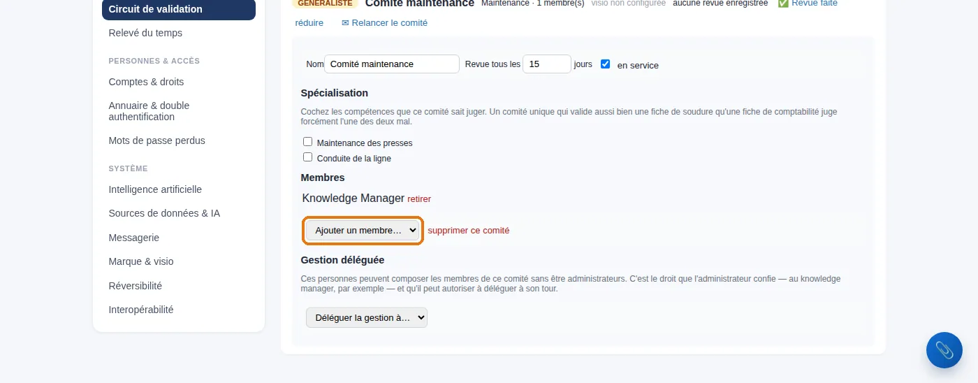 Paramétrer un comité : ajouter ses membres.