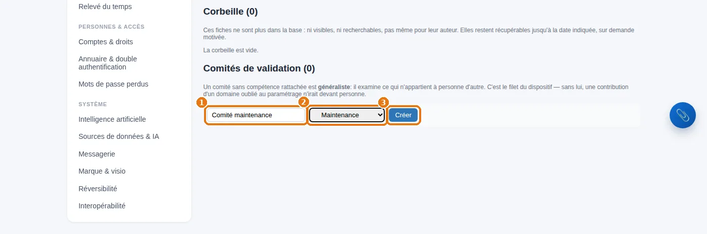 Créer un comité de validation : son nom, sa structure, puis « Créer ».