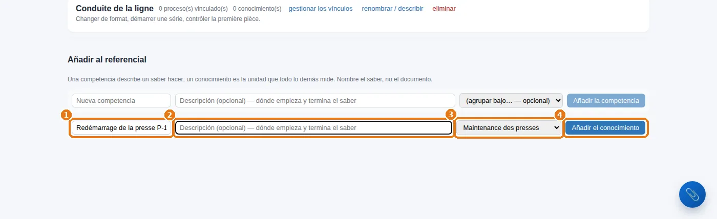 Un conocimiento: su nombre, su descripción, su competencia y, por último, «Añadir el conocimiento».