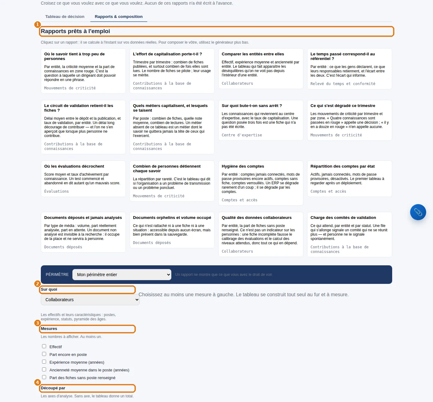 Composer un rapport : rapports prêts à l'emploi, sur quoi, mesures, découpage, filtres.
