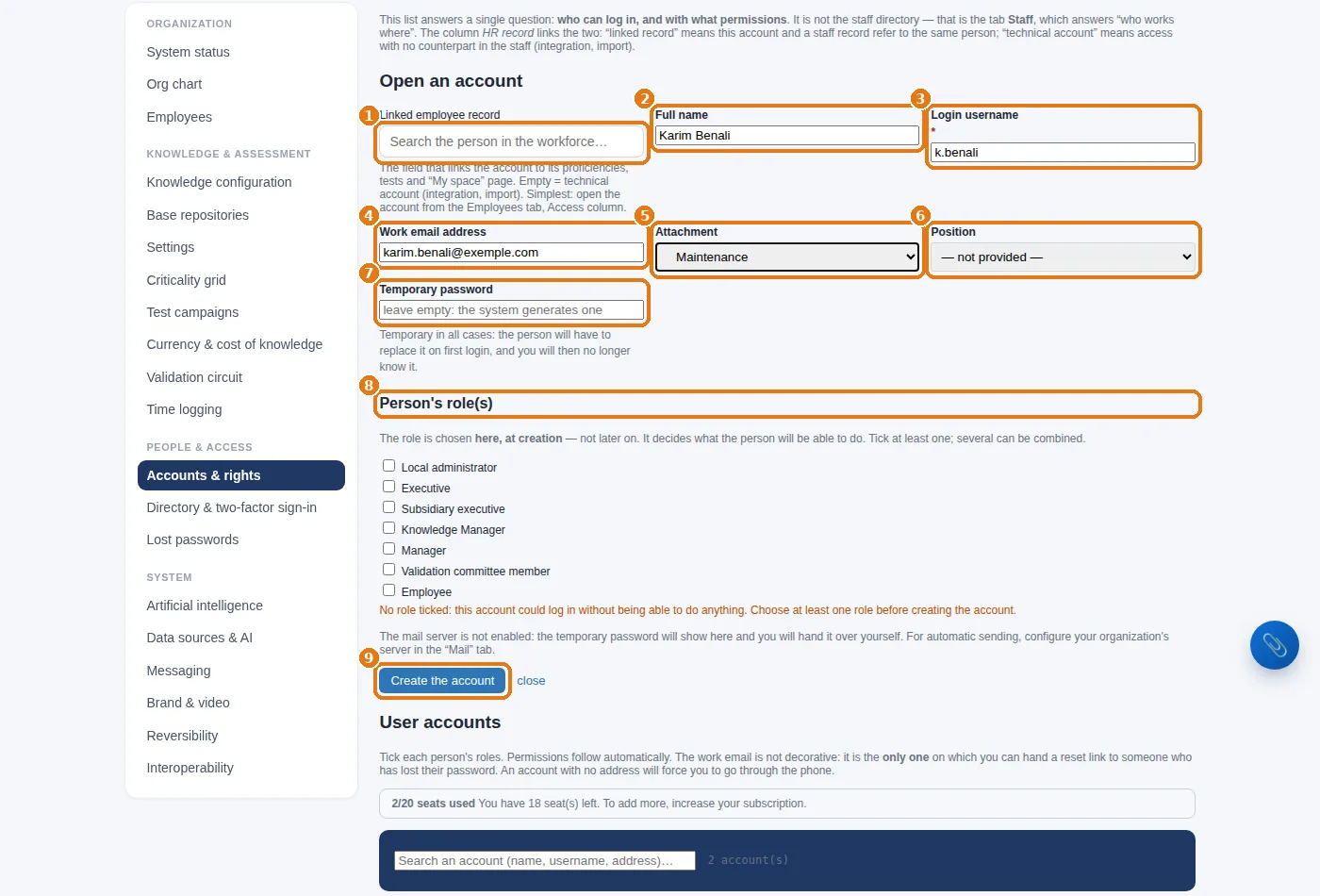“Open an account”: the linked record, the identity, the username, the attachment, the temporary password, the roles, then “Create the account”.