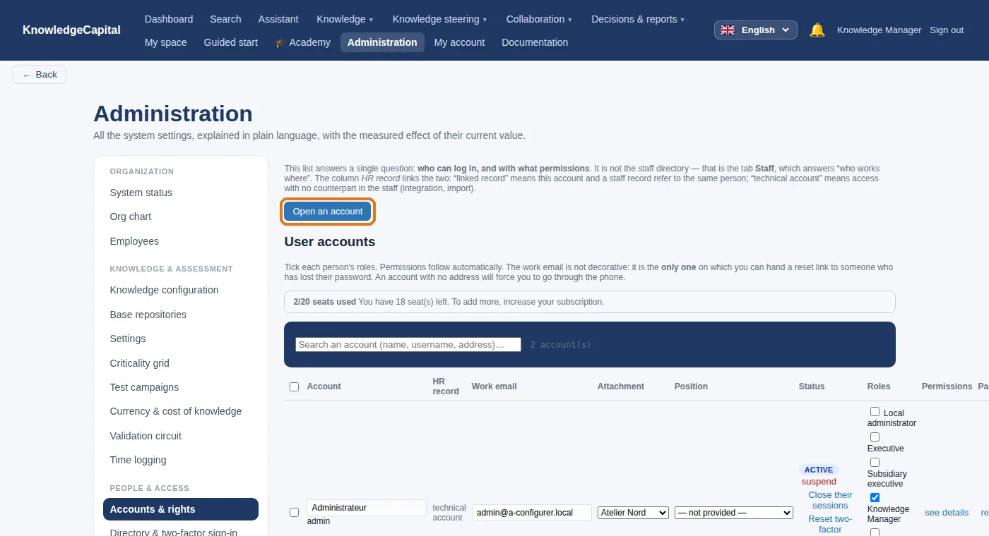 Accounts & rights: the “Open an account” button.