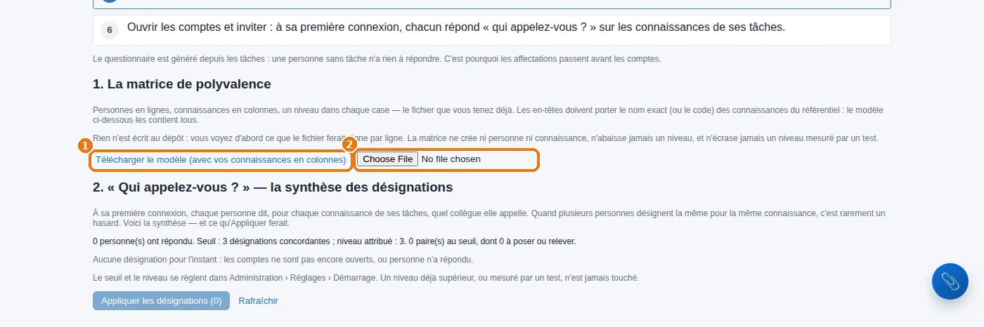 La matrice « qui sait quoi » : télécharger le modèle, le faire remplir, le déposer.