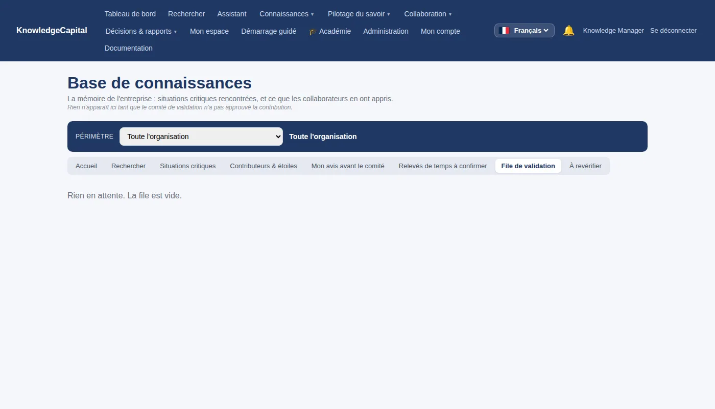 La file de validation de la base de connaissances.
