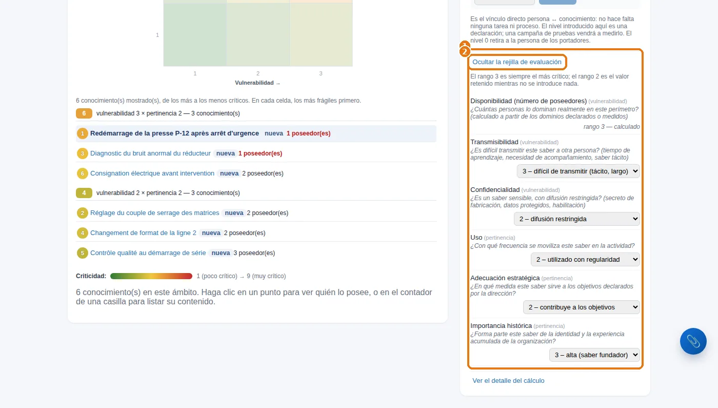 La rejilla de evaluación de un conocimiento, abierta desde su ficha.