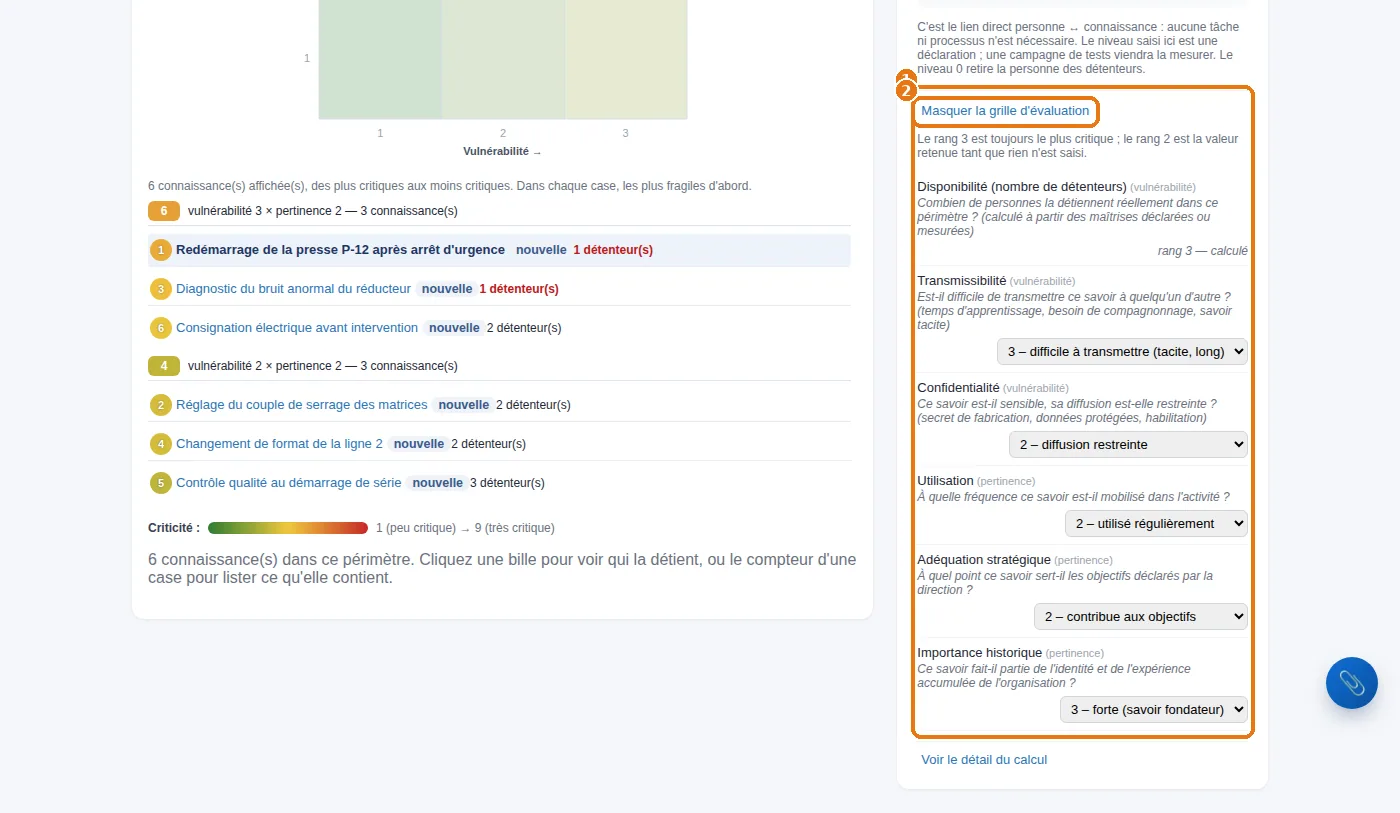 La grille d'évaluation d'une connaissance, ouverte depuis sa fiche.