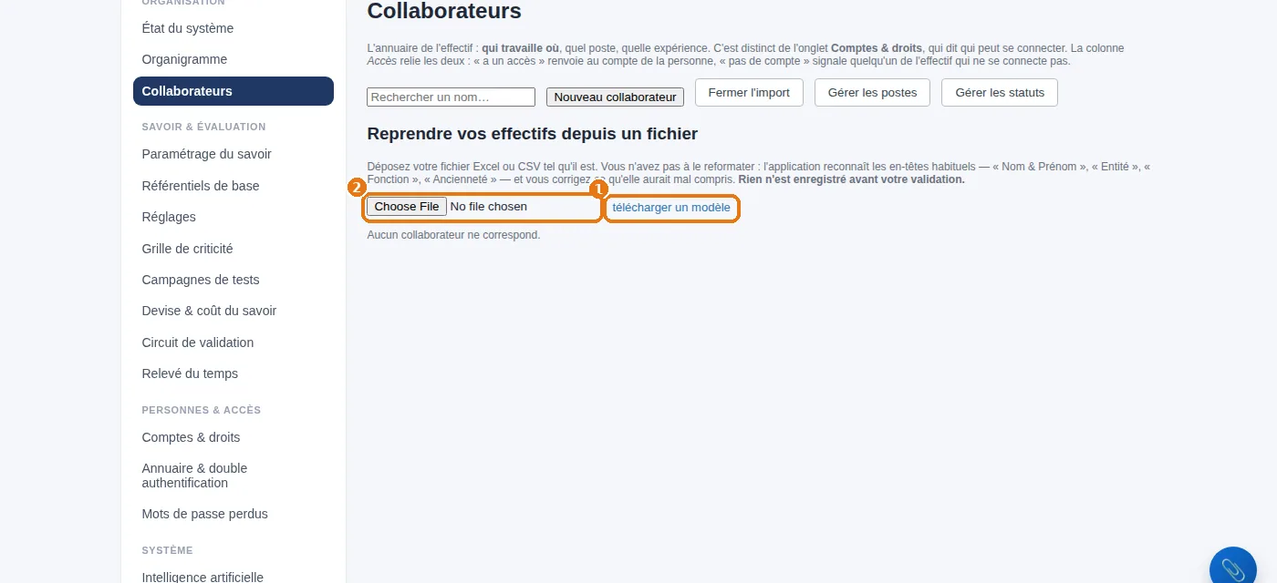 « Importer depuis un fichier » : télécharger un modèle, ou déposer votre fichier tel quel.