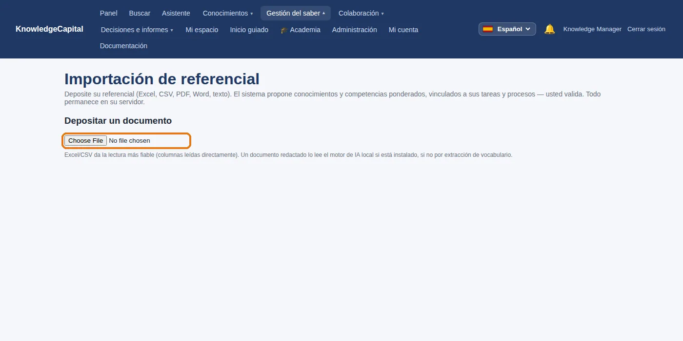 Importación de un referencial: depositar un documento del que el sistema extrae competencias y conocimientos.