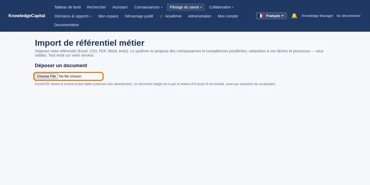 Import de référentiel : déposer un document dont le système extrait compétences et connaissances.