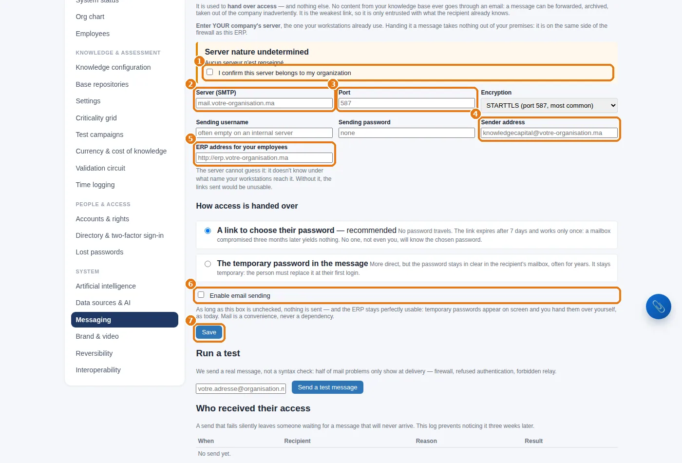 The organization's e-mail settings: server, port, sender, ERP address, activation, saving.