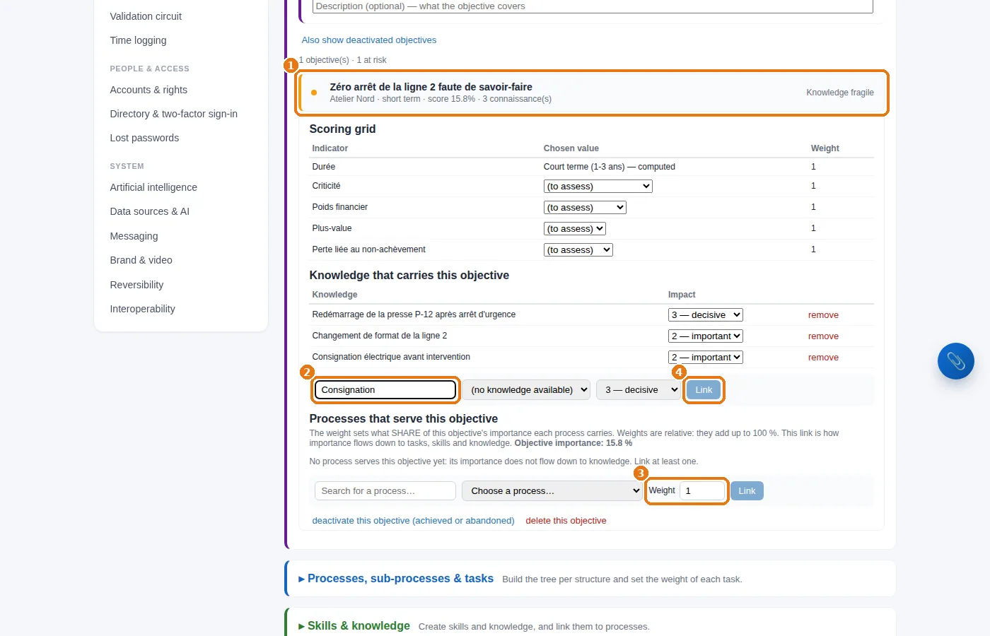 An open objective: search for a knowledge item, say how much the objective depends on it, then “Link”.