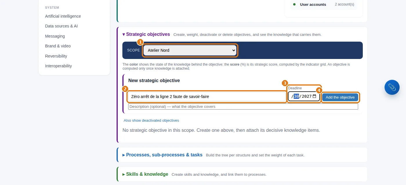 Knowledge configuration: the structure, the title of the objective, its deadline, then “Add the objective”.