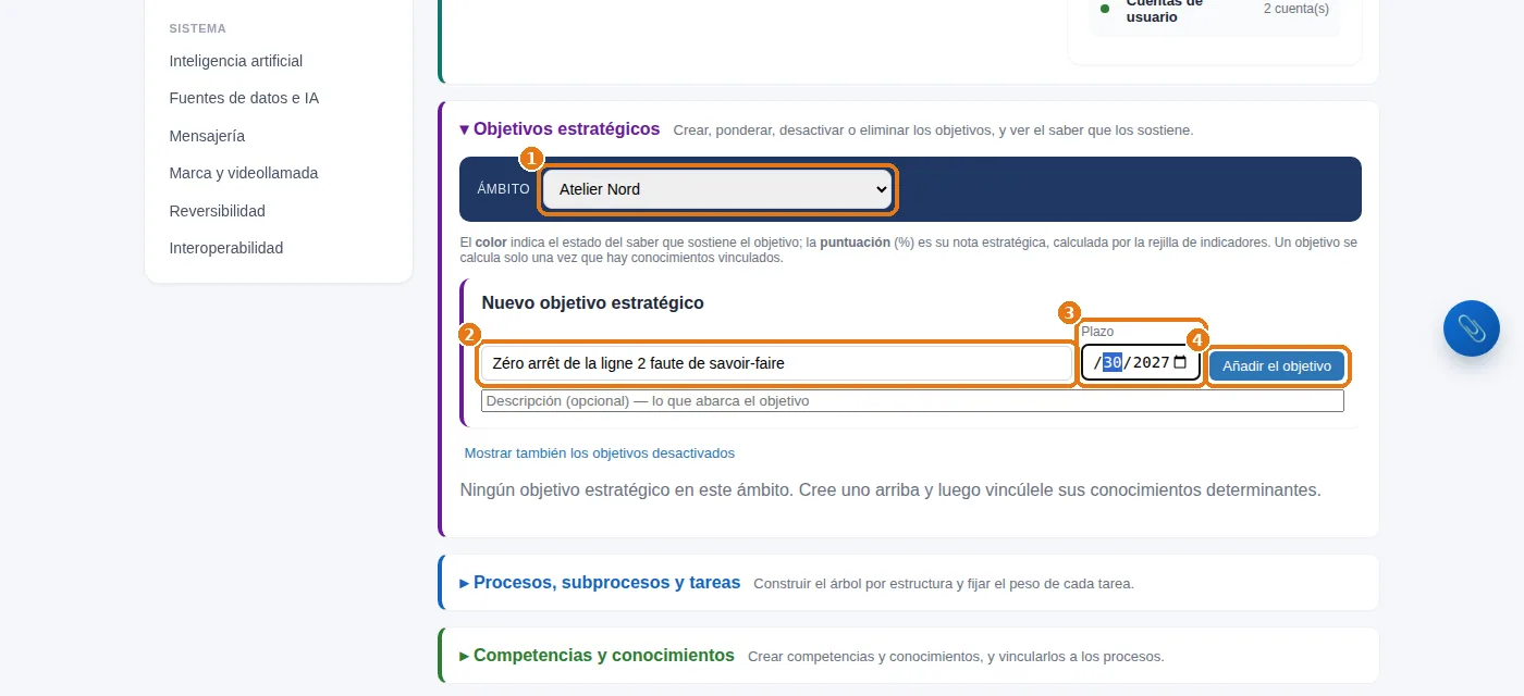 Configuración del saber: la estructura, el título del objetivo, su plazo y, por último, «Añadir el objetivo».