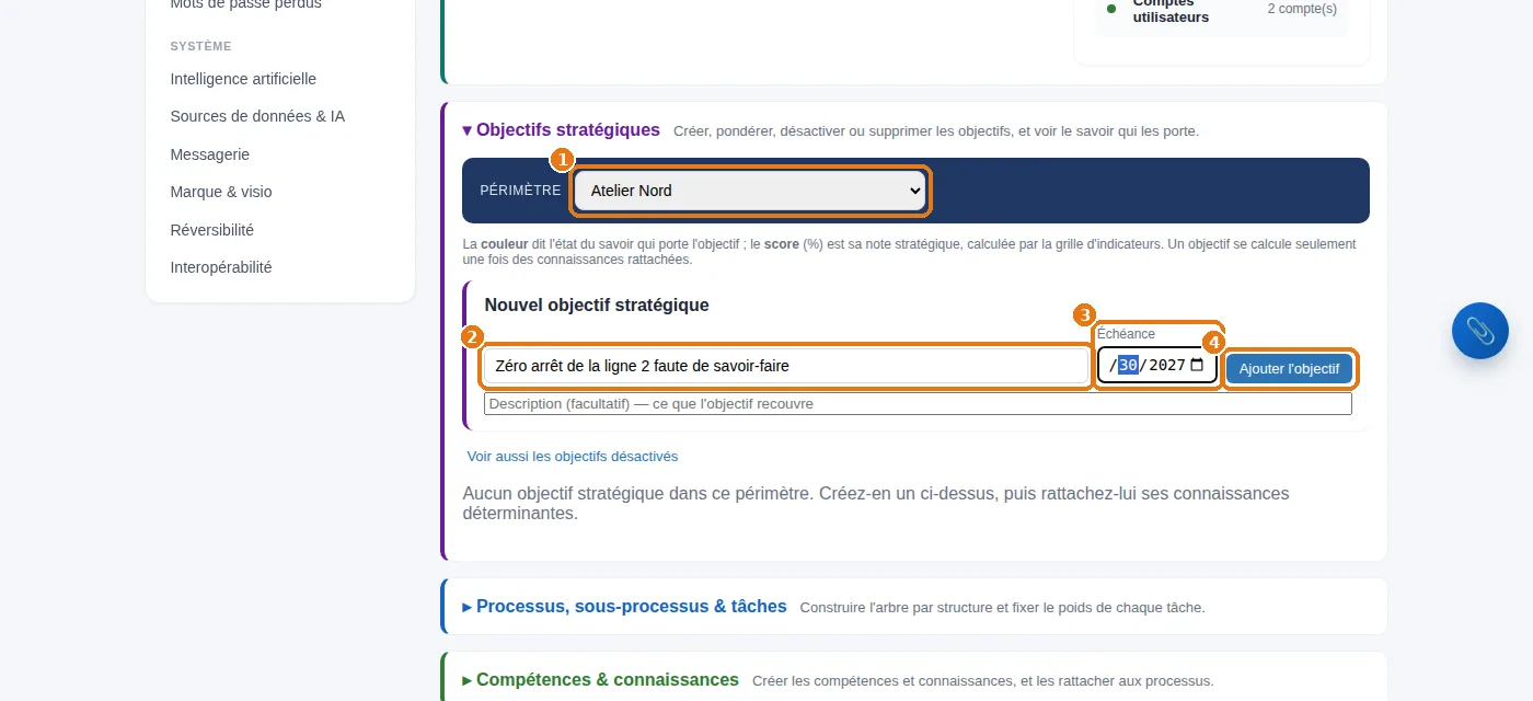 Paramétrage du savoir : la structure, l'intitulé de l'objectif, son échéance, puis « Ajouter l'objectif ».
