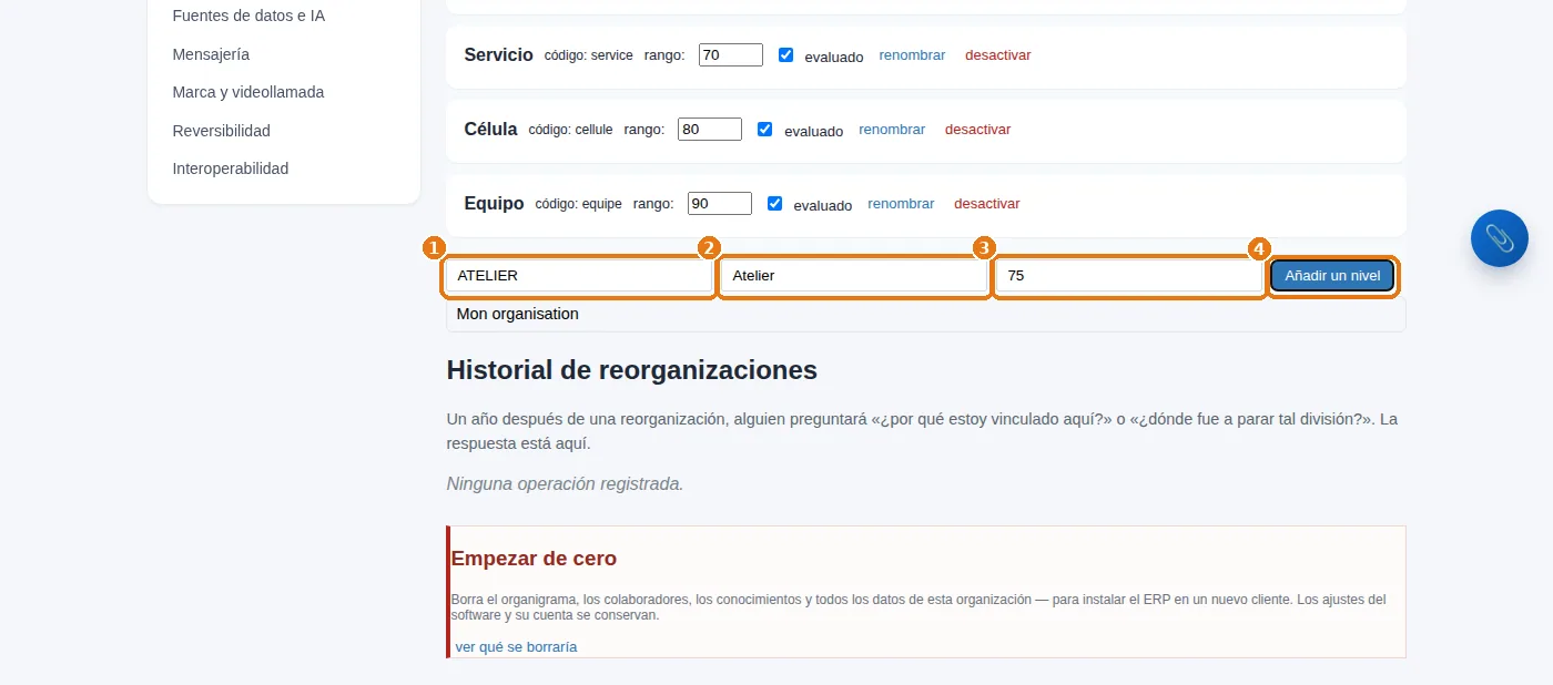 «Gestionar niveles»: un código, una etiqueta, un rango y, por último, «Añadir un nivel».