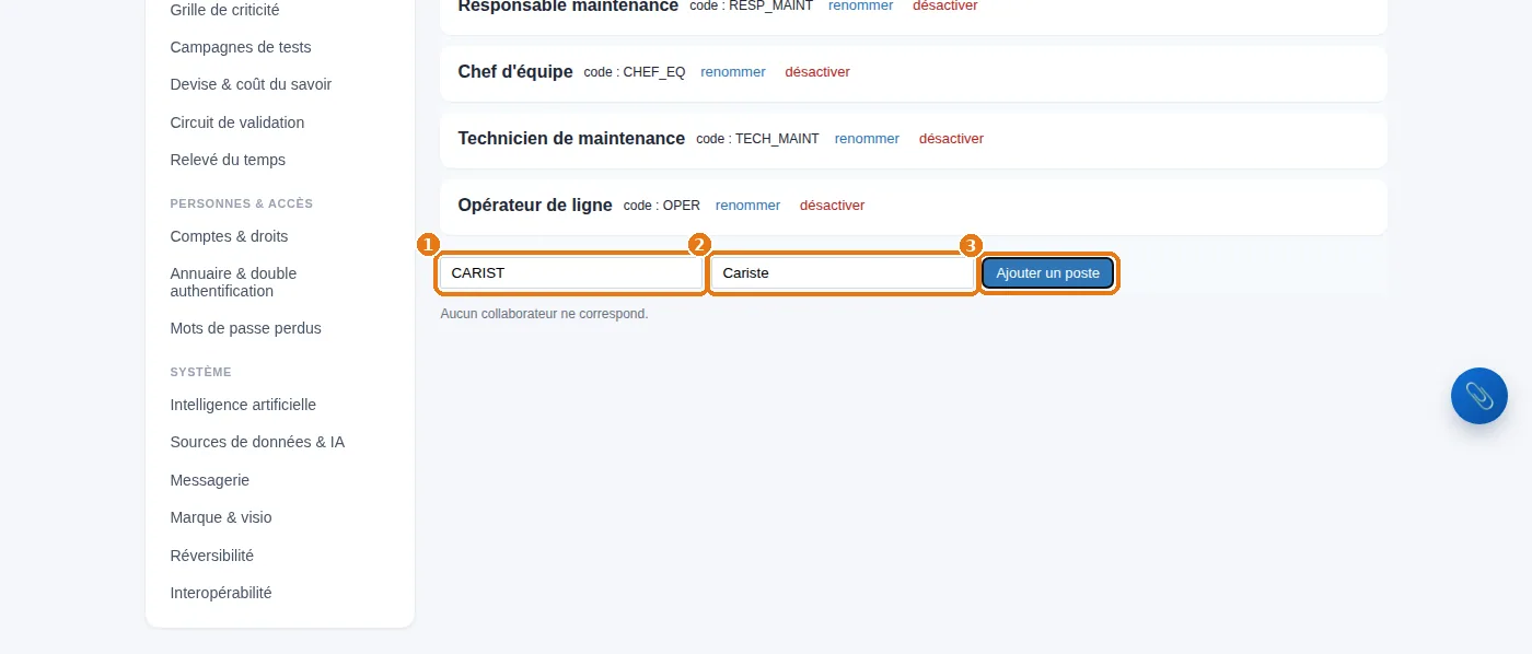 « Gérer les postes » : un code, un libellé, puis « Ajouter un poste ».