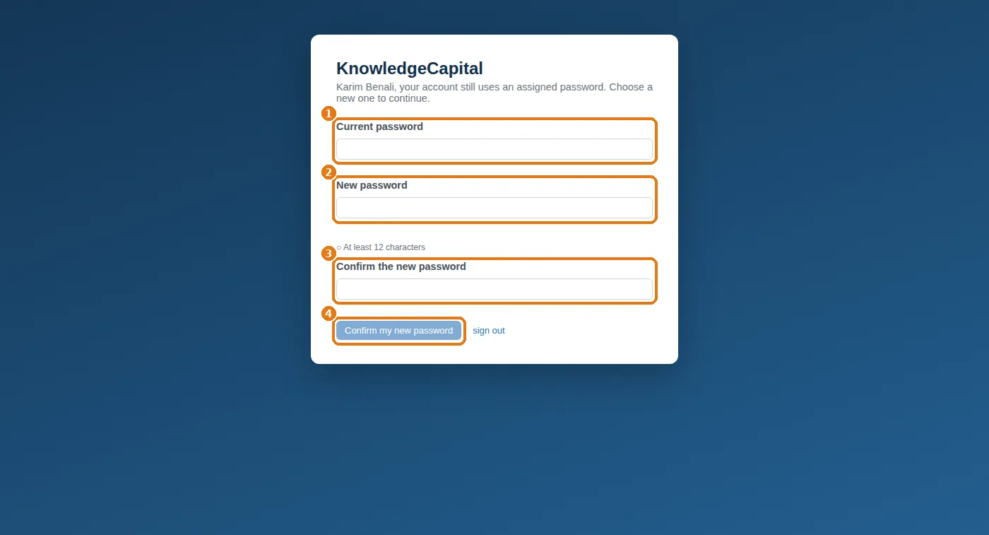 An employee's first sign-in: the temporary password must be replaced.